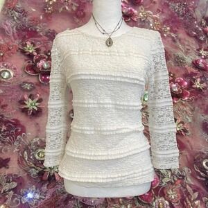 F21 White lace 3/4 sleeve sheer top with ruffles- Size Large